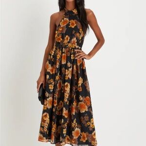 Lulu's Black and Orange Floral Midi Dress
